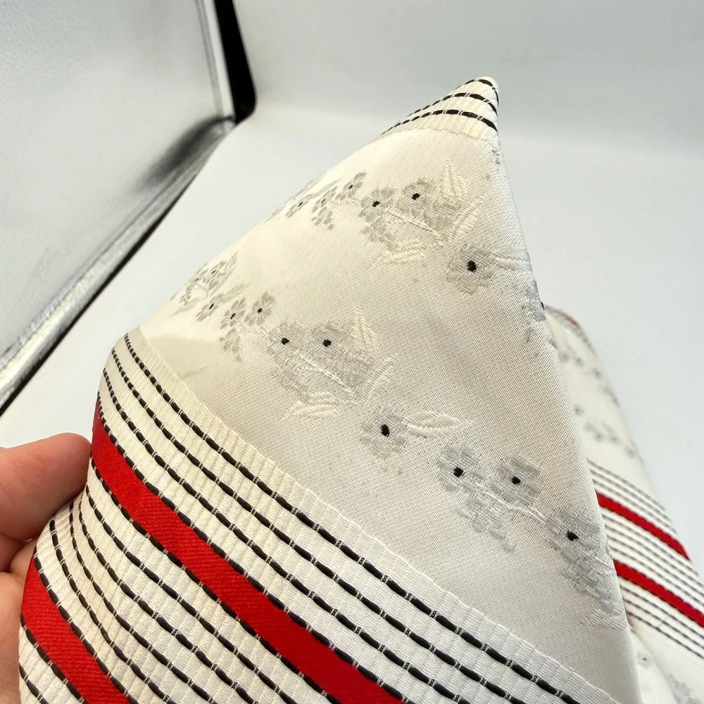 Vintage White Red Black Striped Floral Embroidered‎ Wide Men's Necktie Retro MCM